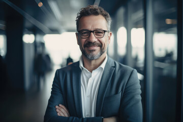 Portrait of a Handsome Mature Businessman with Eyeglasses and Suit Standing in Office