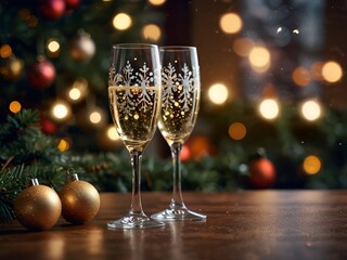 glasses of champagne on christmas background