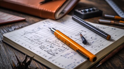 Mathematics textbook open to advanced calculus and differential equations with a set of drafting tools nearby