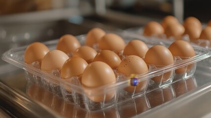 Organic brown eggs in a clear plastic egg container, focusing on product visibility