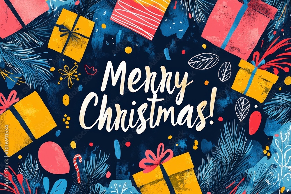 Poster presents in various colors are scattered around a dark blue background, surrounded by festive elemen