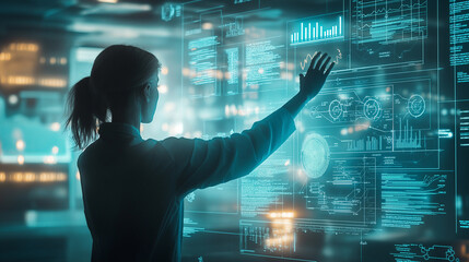Woman interacting with holographic data interface in a futuristic workspace