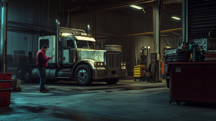 A dedicated mechanic working on a classic truck in a dimly lit garage late at night, surrounded by tools and machinery
