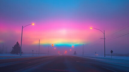 A mesmerizing winter sunrise paints the sky in vibrant colors over a rural road with traffic lights in a frosty landscape