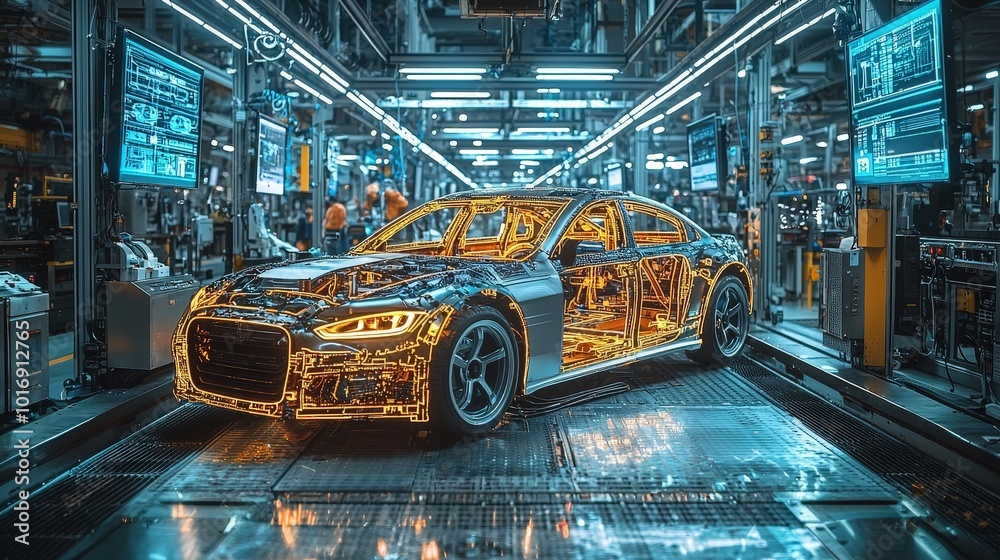 Aufkleber A sleek car is positioned on the assembly line, with illuminating internal structures visible. Workers and advanced machinery surround it in a modern factory setting