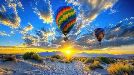 Fototapeta premium Hot Air Balloons Over Scenic Sunrise Landscape