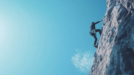 Realistic portrayal of a climber in a black shirt scaling a steep cliff against a clear blue sky