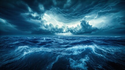 Stormy ocean with dramatic sky and lightning strikes over turbulent waves