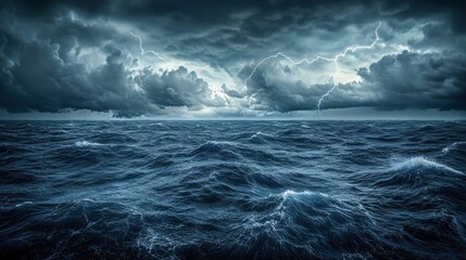 Stormy ocean with lightning and dark clouds during thunderstorm