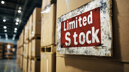 Obraz premium Weathered limited stock signs guide the way in a bustling warehouse environment filled with boxes and supplies