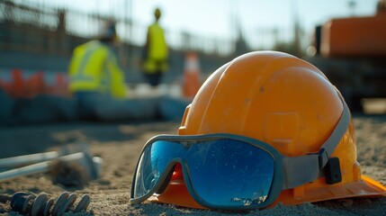 Safety equipment in use on a construction site, showing helmets, safety glasses, and reflective vests
