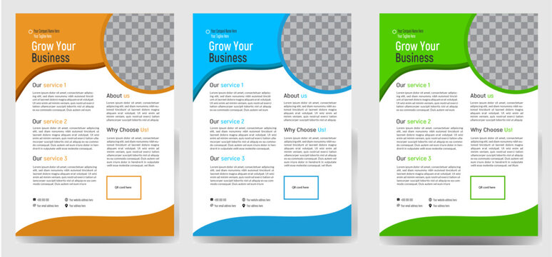 business flyer template design set with blue geometric shapes , magenta, red and yellow color. marketing, business proposal, promotion, advertise, 