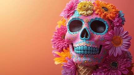 A vibrant sugar skull ice cream cone perfect for Day of the Dead celebrations, showcasing a joyful atmosphere ideal for posters, invitations, and social media.