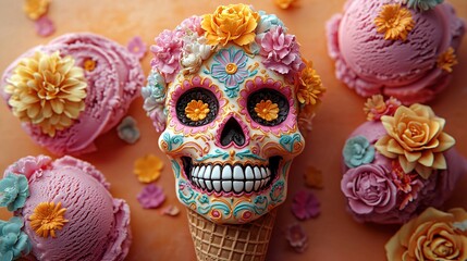 Fototapeta premium Vibrant sugar skull ice cream cone perfect for Day of the Dead (Dia De Los Muertos) celebrations. Ideal for events promoting Mexican culture, festivals, and sweets.