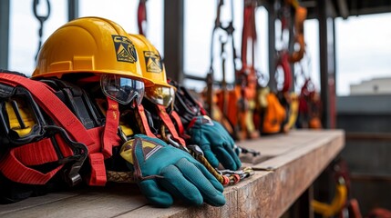 Safety gear displayed on a construction site: hard hats, harnesses, gloves, and safety glasses