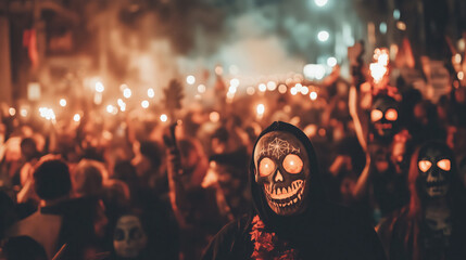 Crowd with glowing skull masks and torches marching in a nighttime Voodoo parade in New Orleans, creating a haunting and mystical Halloween atmosphere.