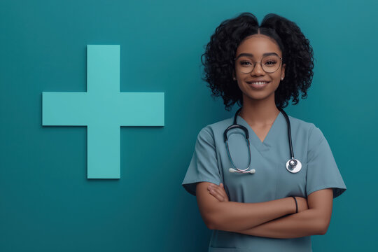 A woman wearing a blue scrubs shirt and glasses stands in front of a green cross