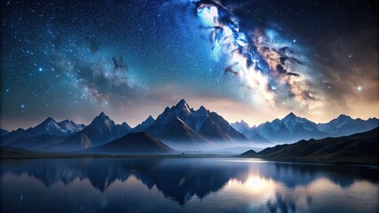 Minimalist dreamlike landscape with nighttime mountains