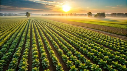 Minimalist drone perspective of vast tobacco fields under early morning sun highlighting sustainable farming practices