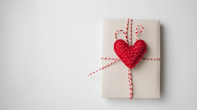 Gift wrapped with red heart and decorative string on white. Copy space.