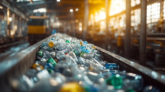 A close-up of crushed plastic bottles and aluminum cans piled into a recycling facility conveyor belt, with bright industrial lighting highlighting the machinery at work.