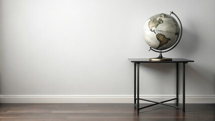 Minimalist elegant black iron table with globe against white wall backdrop eye level