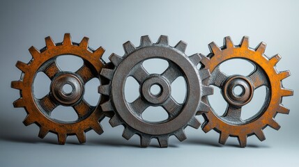 Three interlocking rusty gears symbolizing industry and teamwork