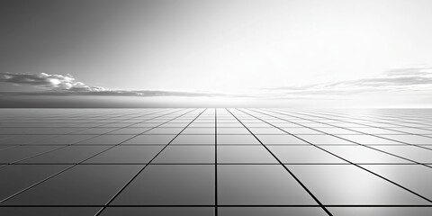 Minimalistic grid pattern extending into infinity with a sleek metallic finish and soft gradient lighting