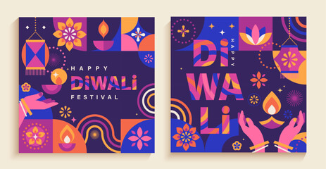 Set Diwali festival banners, cards with symbols of holiday in minimal geometric style-oil lamp,lotus,fire.Template design for web, social media,Diwali festival with Rangoli decoration with Diya.Vector