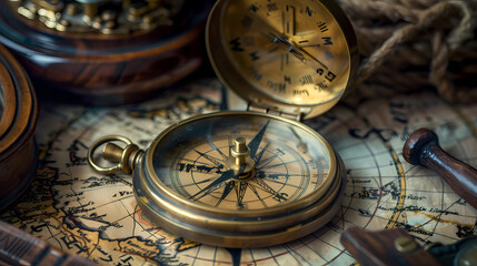 antique compass on old map generated AI