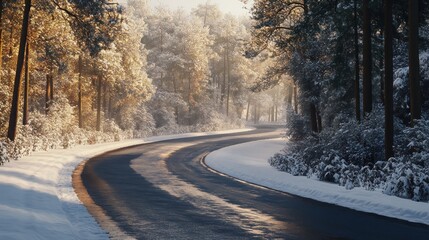 Obraz premium A winding road through a serene, snow-covered forest in soft morning light.