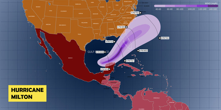 Hurricane Milton expected wind path way and speed statistic. Hurricane Milton approaching the Gulf of Mexico, Florida.