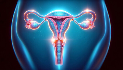 Illustration of the female reproductive system with glowing highlights and detailed anatomy.