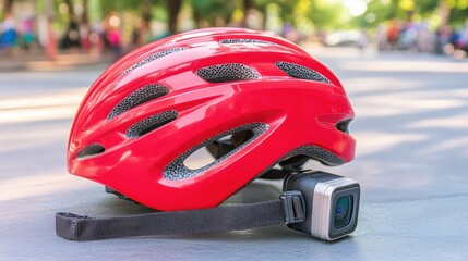 Obraz premium Vibrant Red Bicycle Helmet with Camera Mount