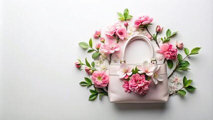 Minimalist floral handbag with pink blossoms and green leaves on white background