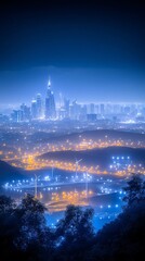Night view of the cities and around them electricity, solar energy and wind turbines