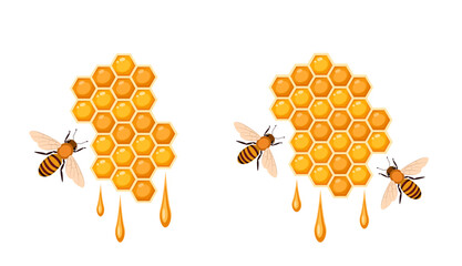 Honeycombs with honey and bees. The theme of production and sale of honey, natural and ecological food product. Vector illustration for advertising banner, for honey trademark.