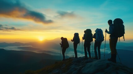 group of hikers tourists stand on the mountain and look at the dawn 