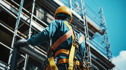 Worker in safety harness and helmet, performing tasks on a high construction platform with visible safety nets and barriers