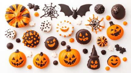 Fototapeta premium Halloween treats and decorations on a white background