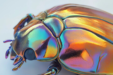 Glossy, iridescent beetle shell, detailed microscopic texture, metallic reflections