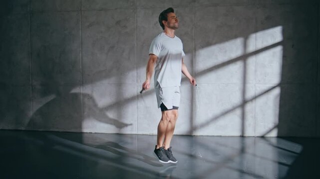 Active athlete jumping rope in studio background. Determinate sportsman training