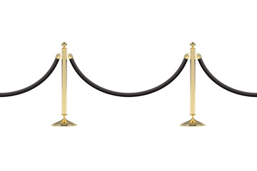 Barriers with black rope, seamless line. Realistic image of golden stanchion poles, velvet rope. PNG isolated on transparent background and vector illustration