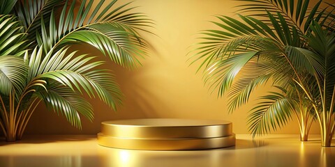 Fototapeta premium Minimalist golden podium stand with tropical background