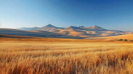 Obraz premium Golden wheat field stretching towards distant mountains under a blue sky.