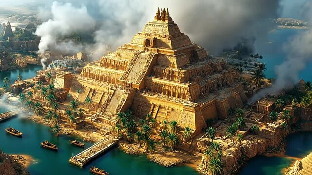 A majestic ancient pyramid surrounded by water, palm trees, and clouds footage