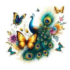 Fototapeta premium Flowers and a peacock surround a peacock golden with colored roses 