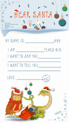 A letter for Santa Claus with lines to fill in wishes and data A snake and an owl look at each other
