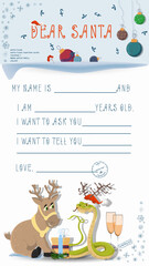 A letter for Santa Claus with lines to fill in wishes and data A Snake and a Deer look at each other