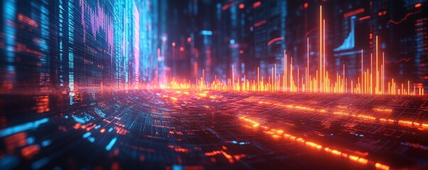 Abstract Digital Landscape with Glowing Lines and Data